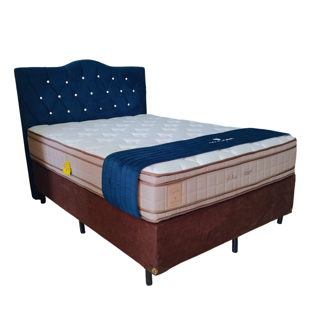 Kit Base Box Casal Padrão Suede Marrom + Colchão + Cabeceira Azul