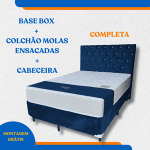 Kit Base Box Casal Padrão Suede Azul + Colchão + Cabeceira - Completa