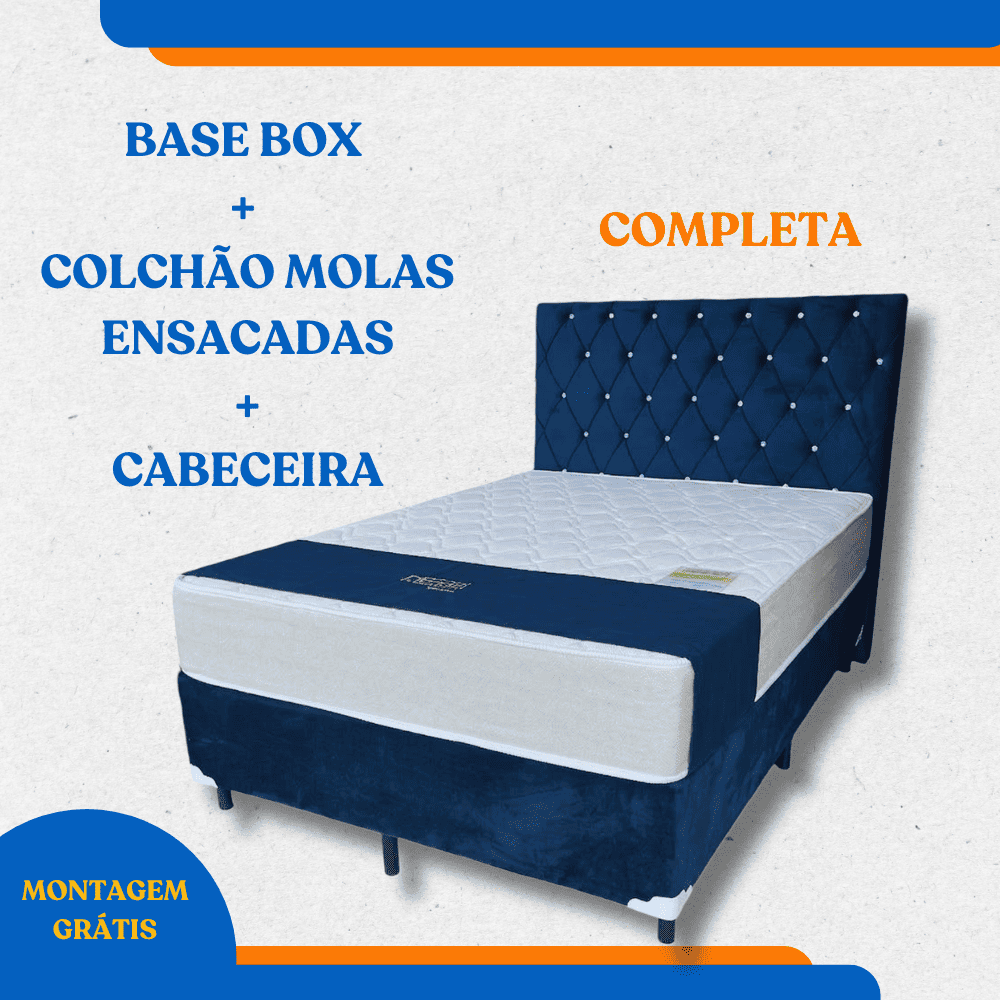 Kit Base Box Casal Padrão Suede Azul + Colchão + Cabeceira - Completa